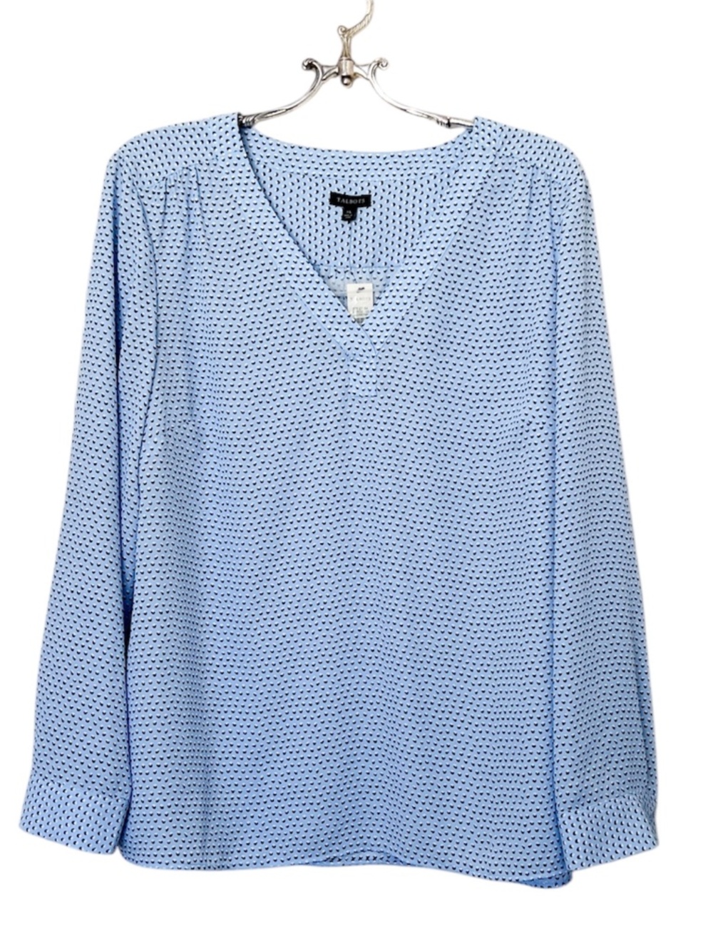 Talbots V-Neck Geometric Blue Print Long Sleeve Blouse Size XL